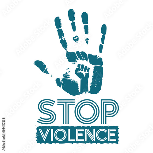 Blue stop hand gesture with raised fist and text protest