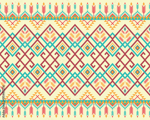 Geometric ethnic oriental design concept: Pattern geometric ethnic Pattern cross stitch inspired motifs, traditional textile vector. Design for fabric, batik, clothing, carpet, wallpaper, wrapping pap