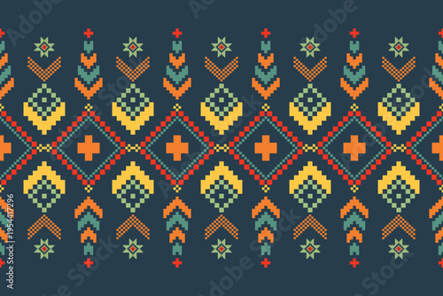 Cross stitch pattern concept showcasing traditional ethnic geometric pattern, Design for textile, background,carpet,wallpaper,clothing,wrapping,Batik,fabric,Vector illustration	
