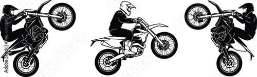 Motocross Rider Silhouette Vector Set Featuring Stunt Performance Wheelie Action and Dirt Bike Racing Graphics for Extreme Sports and Competition Designs