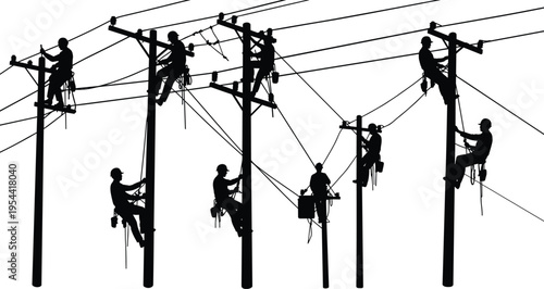 Utility pole workers silhouette, climbing, repairing, maintaining electrical lines, safety gear, teamwork, vector illustration for energy, infrastructure, telecommunication, industrial themes