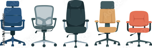 Set of five different ergonomic office chair flat vector illustrations in various colors and designs isolated on white background for interior workspace and corporate office furniture concepts.