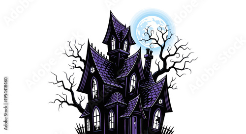 Spooky Haunted Mansion with Full Moon and Bare Trees - Halloween Illustration