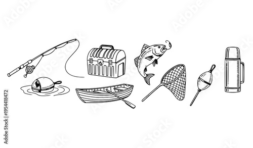 Freshwater fishing gear vector icons with rod fish boat and equipment in minimal sketch outline style