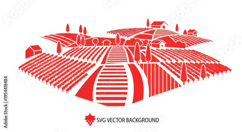 Vineyard Landscape with Houses and Trees, Stylized Red Vector Illustration