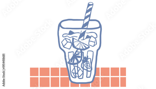 A refreshing green cocktail glass vector illustration with ice cubes and straw