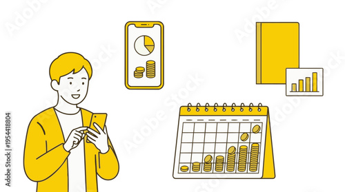 NISA・資産形成・家計管理をテーマにしたフラットデザインの金融イラストセット