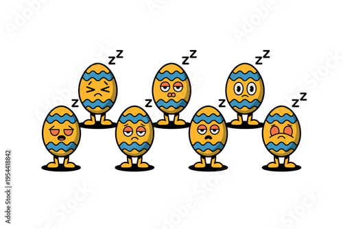 A group of cartoon Easter eggs with various sleepy and awake expressions on their faces.