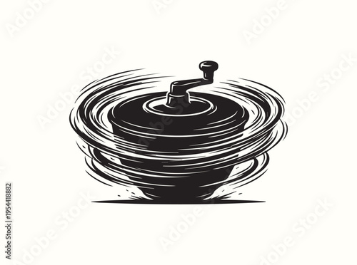 Iconic salad spinner graphic with surrounding motion rings and handle