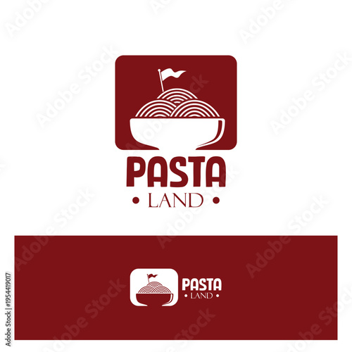 Pasta Land Restaurant Logo Design with Bowl Illustration, mini flag, and Minimalist Italian Food Branding.