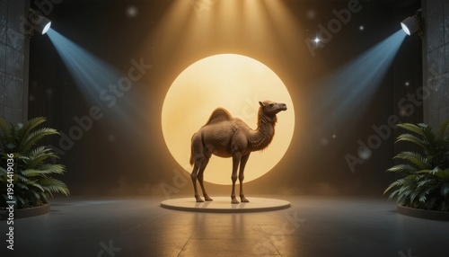 Majestic Camel on Stage with Glowing Circular Backlight and Dramatic Studio Spotlights