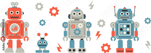 This is a vector set of cute and colorful robot characters. It includes friendly AI machines, gears, tools, light bulbs, and colorful technology illustrations.