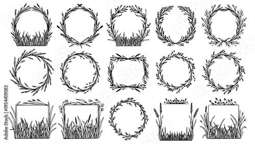 Various floral wreath designs and grassy frames for photo or text decoration