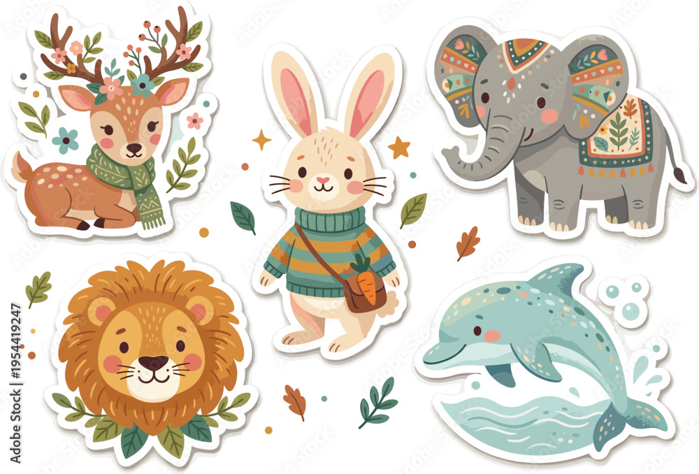 Naklejka premium Set of Cute Animal Stickers Featuring a Floral Deer, Rabbit in Sweater, Boho Elephant, Lion Head, and Dolphin Vector Illustrations for Kids Designs