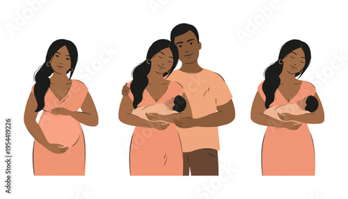 Pregnant woman and family vector illustration with happy couple and baby