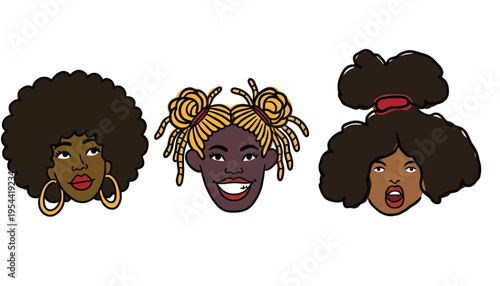 Afro women faces vector illustrations with different hairstyles and expressions