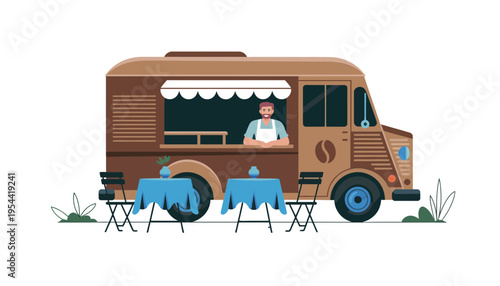 Food truck with a chef serving customers in a casual outdoor setting