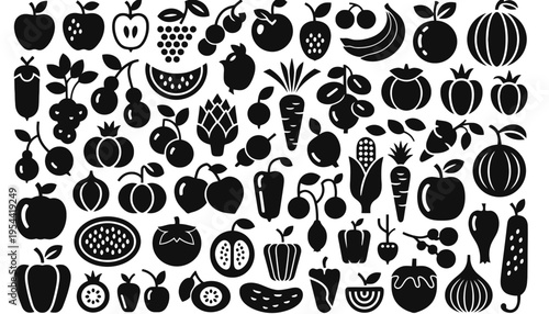 A collection of fruit and vegetable icons in black silhouette style