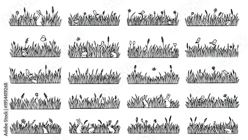 Musical notes and symbols arranged in rows on a white background for composition or design use