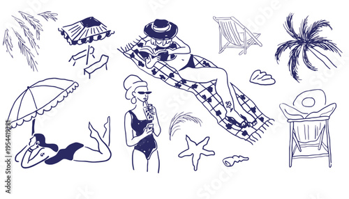 Beach illustration with people relaxing on a towel and under umbrella