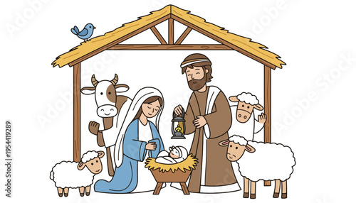 Nativity scene with Mary, Joseph, and baby Jesus in a manger