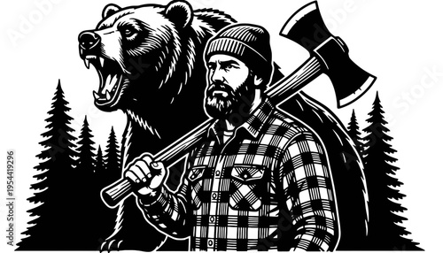 A lumberjack illustration with a bear and an axe in a forest