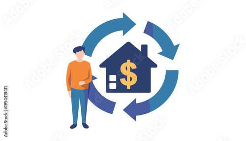 A man standing next to a house with a dollar sign and circular arrows