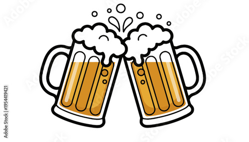 A beer vector illustration of two clinking mugs with foam