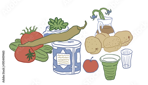 Food illustration with vegetables, fruits, bread, and canned goods