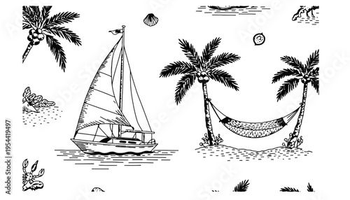 A black and white illustration of a sailboat near a tropical beach