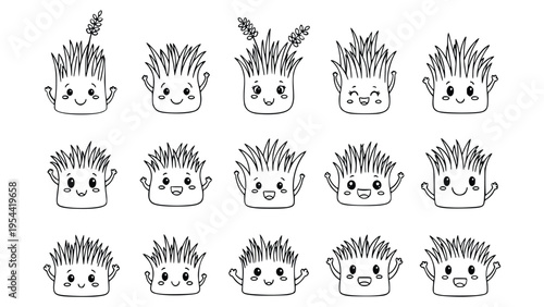 Cartoon potted plants with various happy faces and expressions