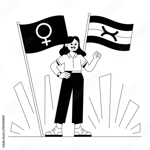 A woman holds feminist and non-binary flags in a black and white illustration
