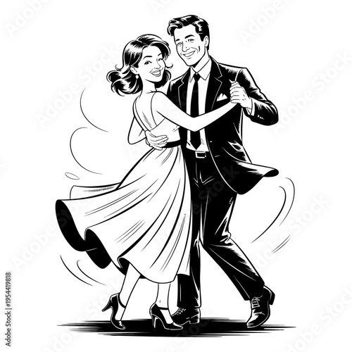 A couple dancing together in a black and white illustration style