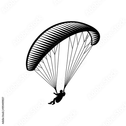 A paraglider silhouette soaring through the air with a parachute