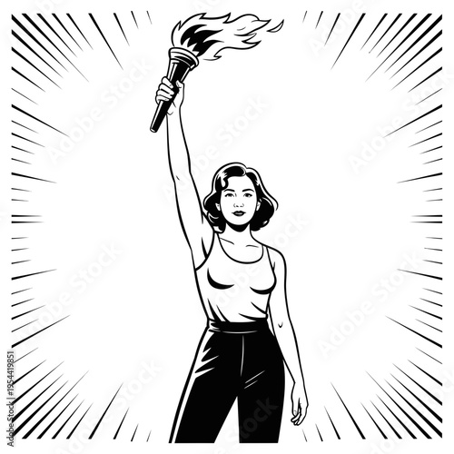 A woman holding a torch in a black and white illustration