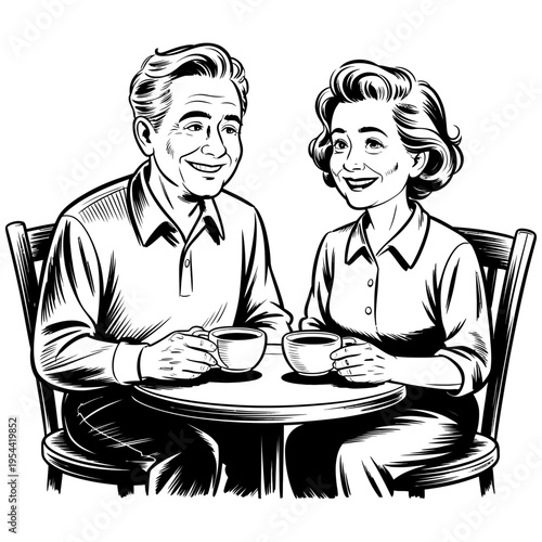 An elderly couple enjoying coffee together in a black and white illustration