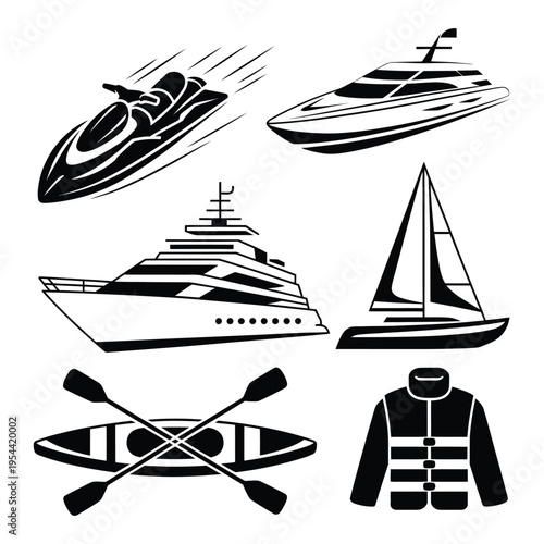 Boat vector icons including jet ski, yacht, sailboat, and life jacket