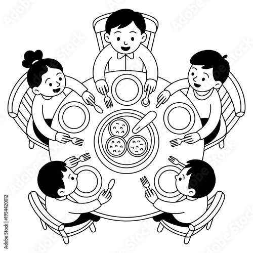 Family sitting around a table eating a meal together in a cartoon illustration