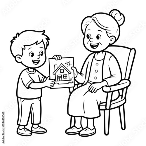 A boy showing a house drawing to a smiling elderly woman sitting in a chair