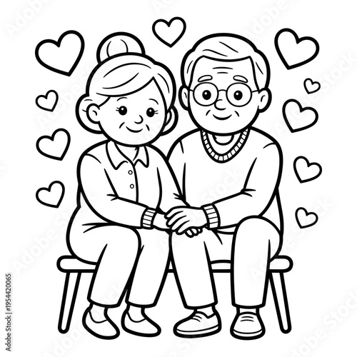 A loving elderly couple sitting together with hearts around them in a black and white illustration