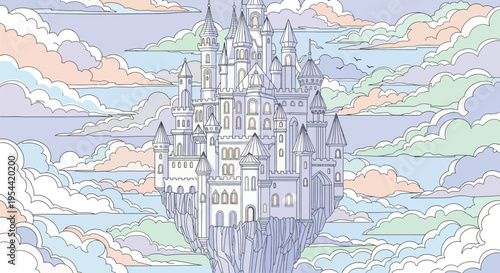 A majestic fantasy castle with numerous spires and turrets floats gracefully in a whimsical sky filled with soft pastel clouds.