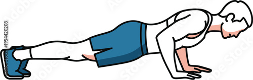 Muscular man performing an illustrated downward phase of a standard bodyweight pushup exercise demonstration