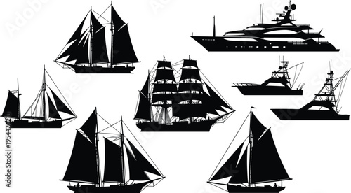 Collection of sailing ships and modern yachts silhouettes isolated on white background nautical vessels maritime transport vector illustration set detailed black