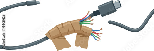 Close up of broken and damaged USB cable repaired with tape