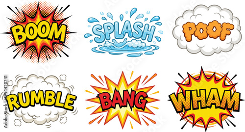 Comic sound effects set with boom splash poof rumble bang wham colorful pop art explosion text bubbles illustration collection