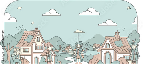 Whimsical hand-drawn illustration depicting a serene fantasy village scene with charming elf-like characters enjoying their peaceful, rural life.
