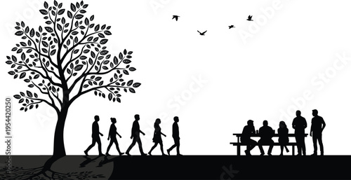 Community park scene silhouette featuring large tree walking people birds and group sitting on bench illustrating social life and outdoor public space interaction isolated on white background