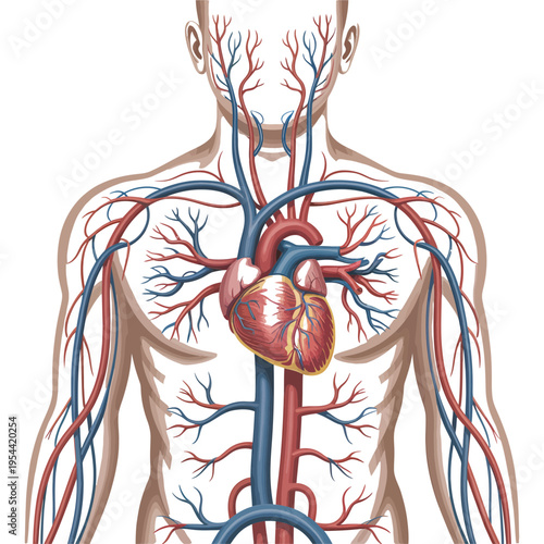 The human heart and vascular system in a detailed anatomical illustration