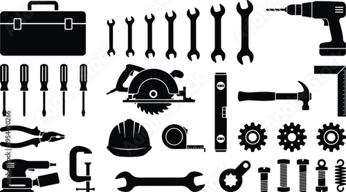 Construction tools silhouette set including drill hammer wrench screwdriver pliers helmet gear icons isolated black industrial equipment vector illustration collection