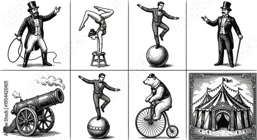 Vintage circus engraving set featuring ringmaster acrobat strongman cannon bear bicycle and tent illustrations in classic black and white style